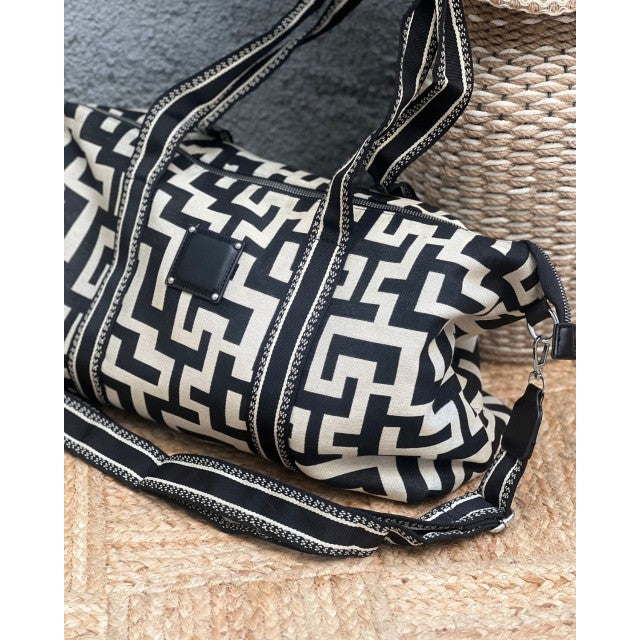 Τσάντα με γεωμετρικά prints και ιμάντα μπεζ